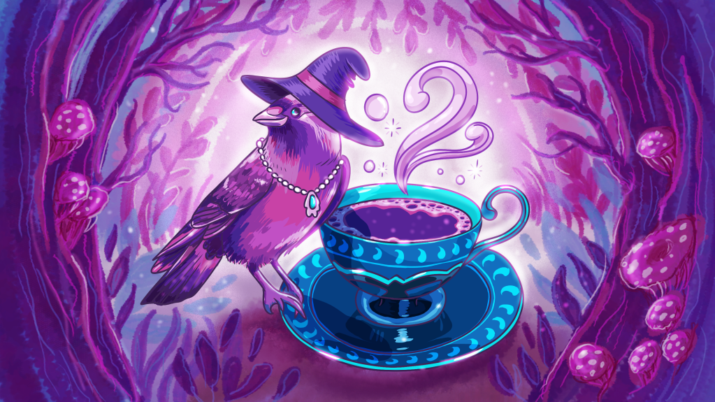 ptak kawka w kapeluszu wiedźmy siedzi na spodku obok filiżanki z kawą, ilustracja o magicznym klimacie