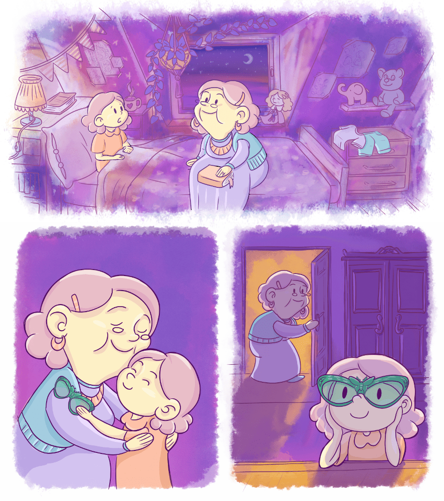 Wieczór z babcią. Kadry z komiksu "Magiczne Okulary" dla magazynu Małe Charaktery. 
