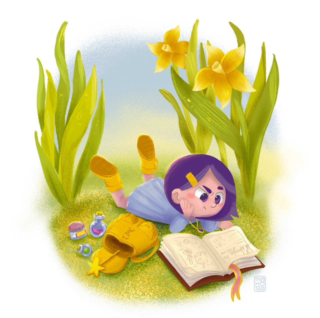 Ilustracja dziecięca, dziewczynka czyta książkę wśród kwiatów