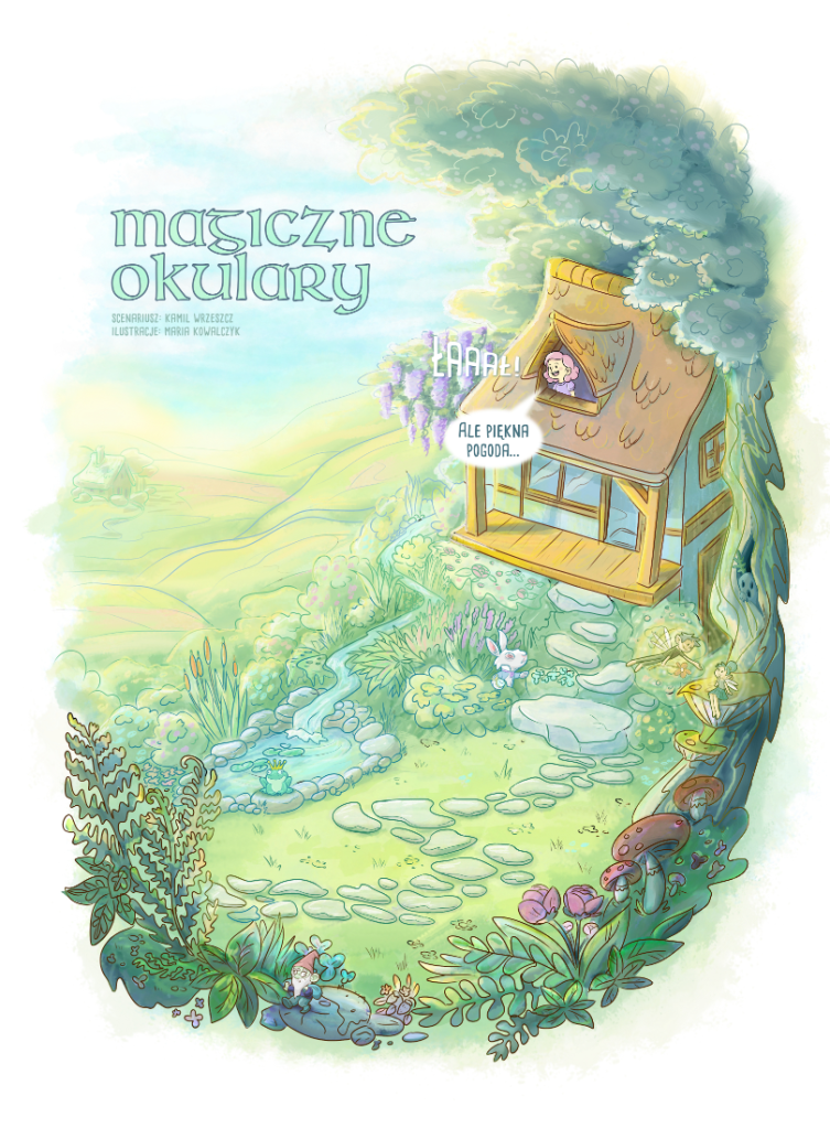 Strona z komiksu "Magiczne Okulary" dla magazynu "Małe Charaktery". Widok za dnia, dziewczynka wygląda z okna i widzi ogród babci.