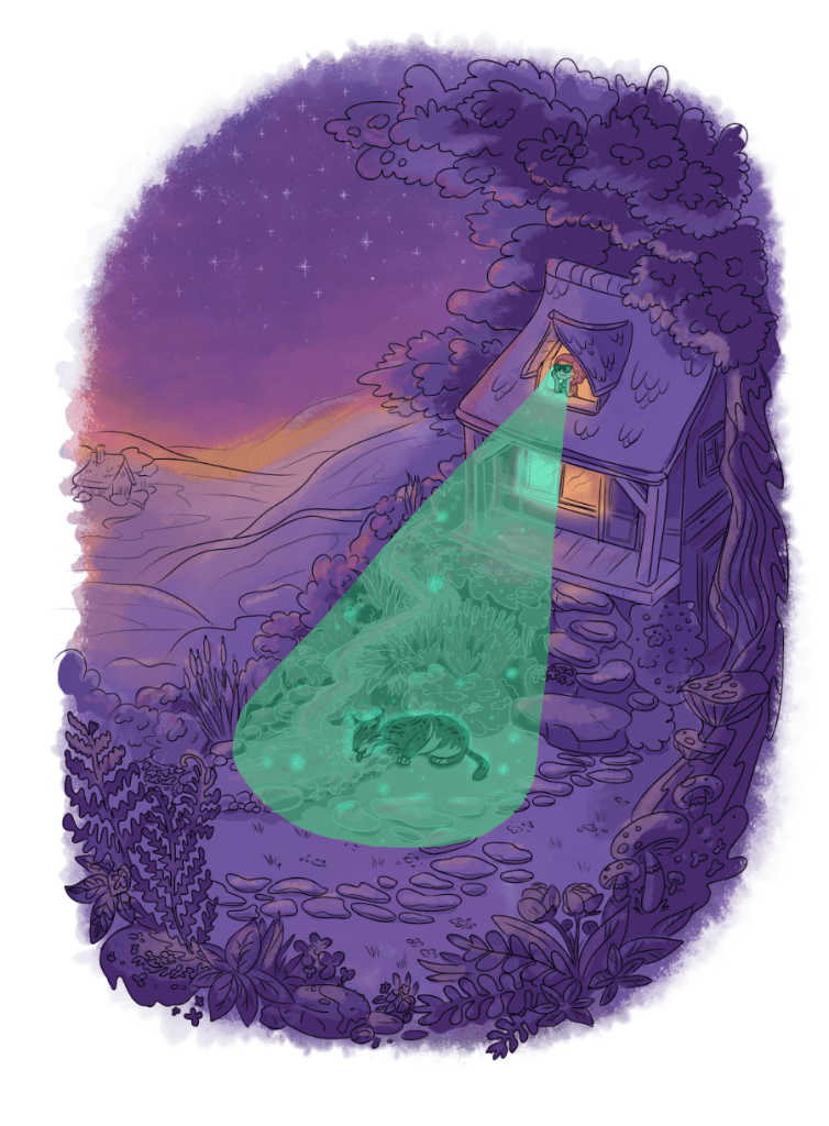 Strona z komiksu "Magiczne Okulary" dla magazynu "Małe Charaktery". Widok nocą, dziewczynka wygląda z okna i widzi ogród babci.