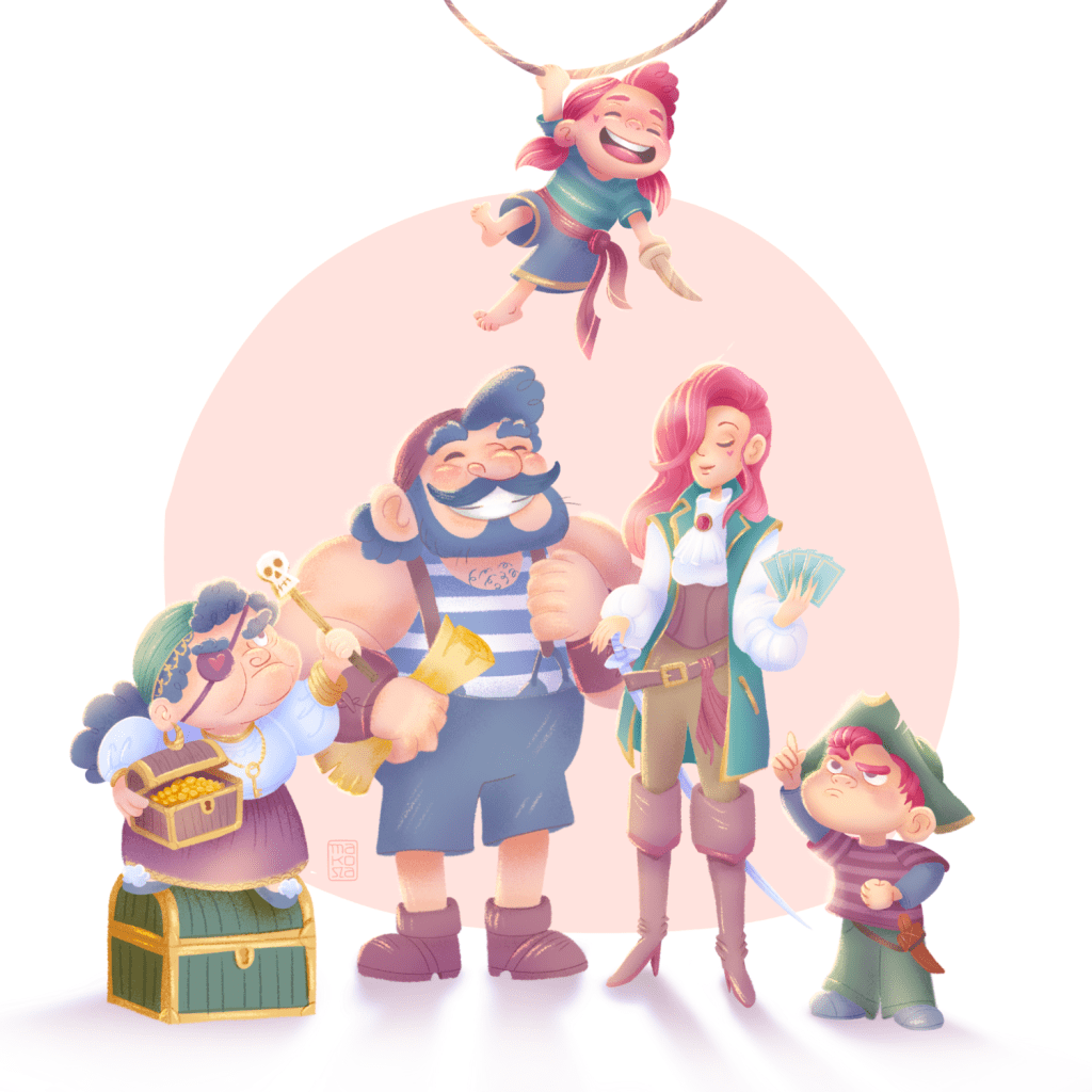 Ilustracja dziecięca do książki dla dzieci przedstawiająca uroczą rodzinę piratów