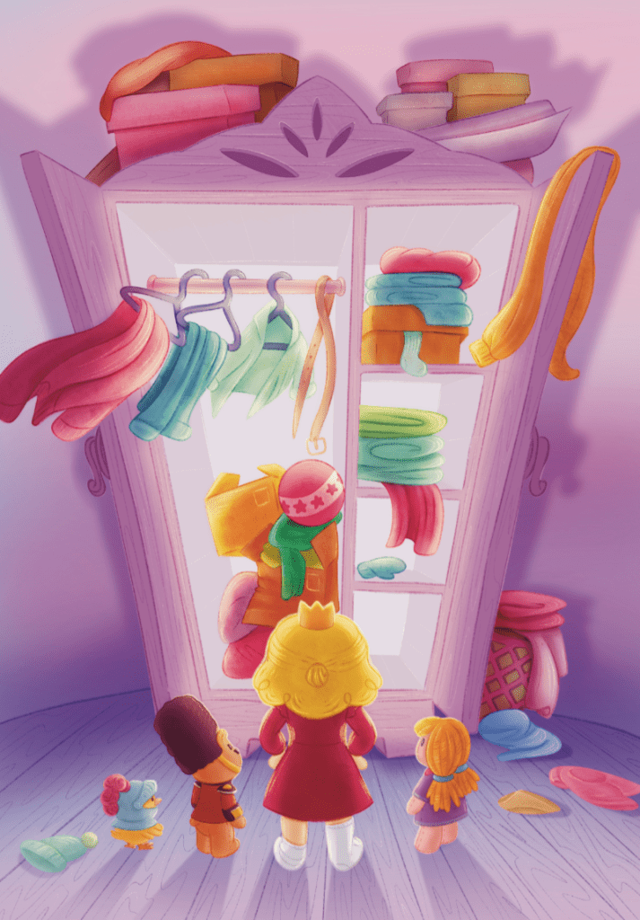 Cyfrowa ilustracja dziecięca do książki "Wielki Bau a'Gan". Dziewczynka wraz ze swoimi zabawkami stoi przed tajemniczą szafą pełną porozrzucanych rzeczy.