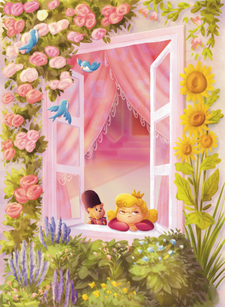 Cyfrowa ilustracja dziecięca do książki "Wielki Bau a'Gan". Dziewczynka wygląda przez okno. Widać tu piękny wiejski ogród pełen kwiatów. 