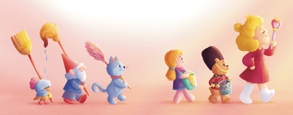 Cyfrowa ilustracja dziecięca do książki "Wielki Bau a'Gan". Dziewczynka wraz ze swoimi zabawkami maszeruje na bitwę z Bałaganem, Każda z postaci niesie coś do sprzątania.