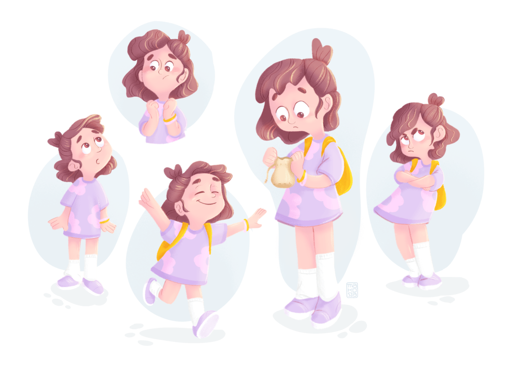 Projekt postaci do książki dla dzieci. Dziewczynka podróżniczka. Na ilustracji widać jej różne pozy i nastroje.