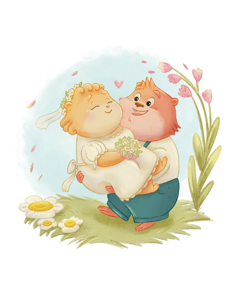 Ilustracja przedstawiająca radosną parę w romantycznym uścisku, otoczoną kwiatami, symbolizującymi miłość i szczęście.