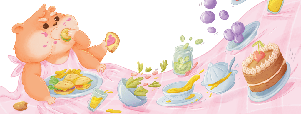 Zabawna ilustracja przedstawiająca pulchną postać chomika zajadającego się ucztą w otoczeniu różnych przekąsek i smakołyków.